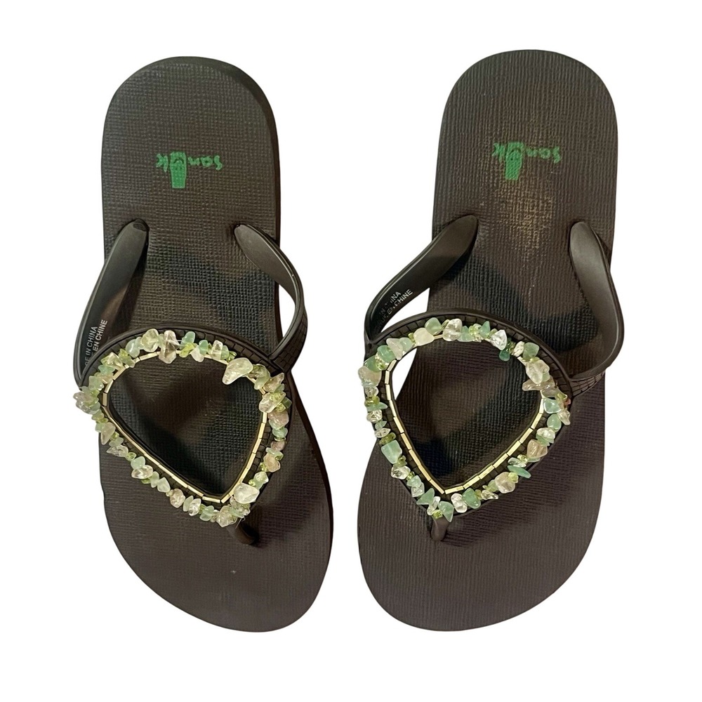 Sanuk Yoga Mat Flip Flops Beaded Green Gemstone Accents Thong Sandals Size 5